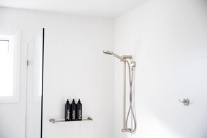 Chuveiro, secador de cabelo, toalhas de banho, shampoo