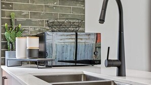 Eine Küche mit modernem Wasserhahn, einer Kakteenpflanze und einer dekorativen Metallschale auf der Arbeitsfläche.