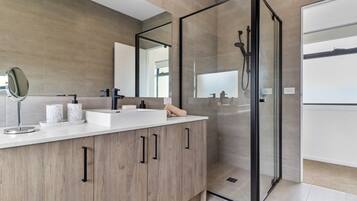 Shower, hair dryer, towels, shampoo