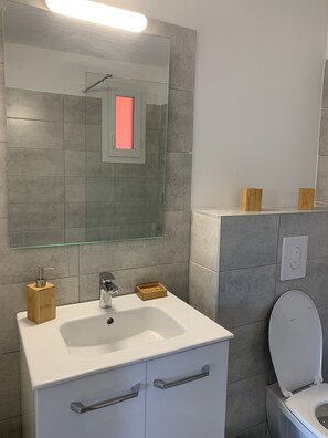 Chuveiro, secador de cabelo, toalhas de banho 