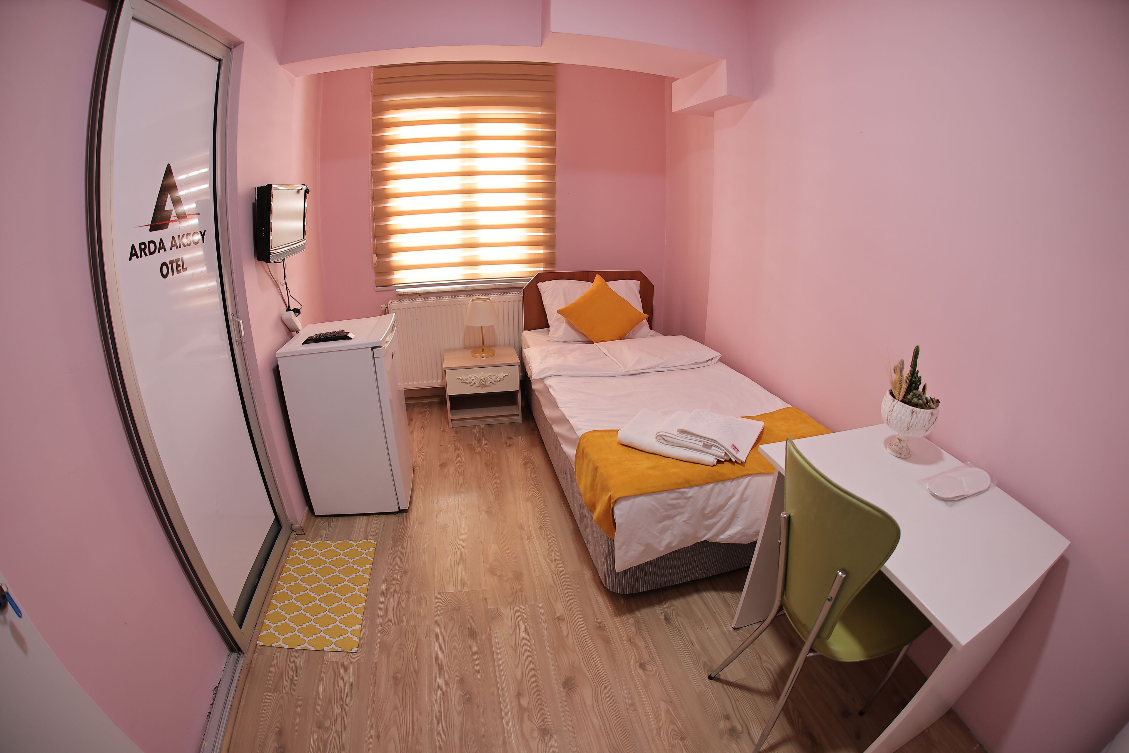 A small, pink-themed hotel room with a bed, a desk, a chair, a TV, and a radiator.