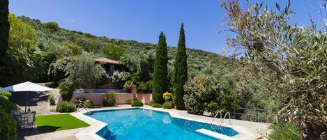 Une piscine rectangulaire, bordée d’une terrasse carrelée, entourée de verdure et située au pied d’une colline.