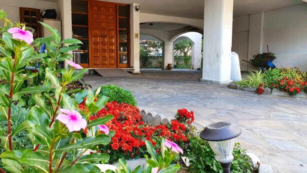 A covered outdoor area with a stone floor, potted plants, and a wooden door. - Alexia s Residence in Volos (Volos)