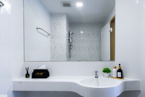 Séchoir à cheveux, serviettes fournies, savon, shampooing