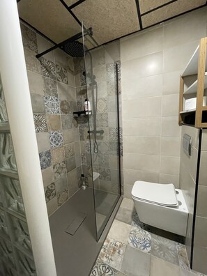 Douche, sèche-cheveux, serviettes fournies, savon