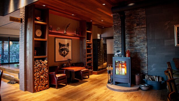 A cozy interior with a fireplace, wooden furniture, and a stone accent wall. - Hotel Kaze no yama (Iida)
