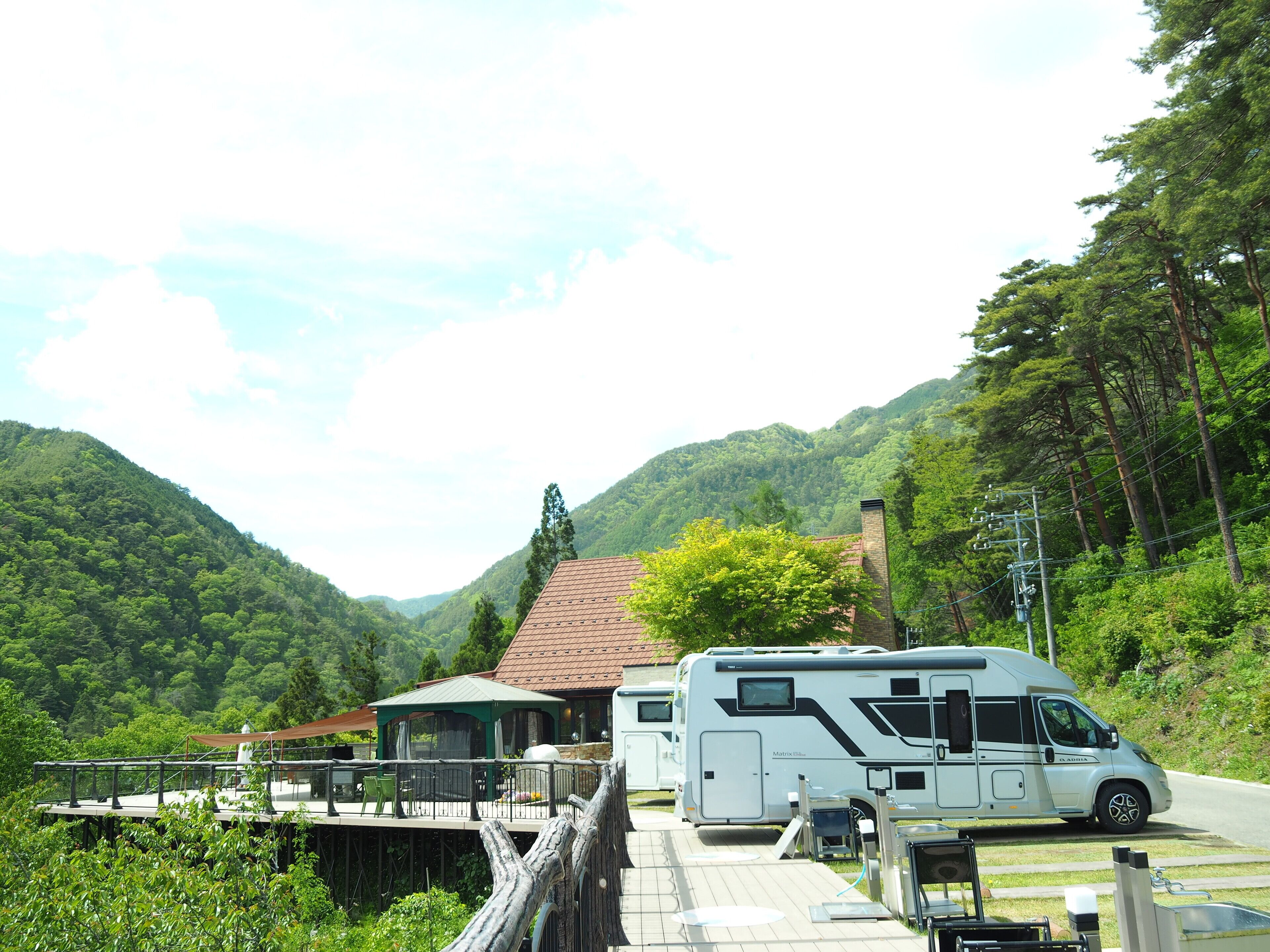 A campground with RVs, a covered picnic area, and a house with a red roof.