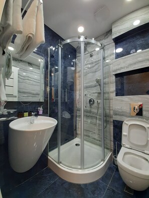 Panoramic Apartment | Bathroom | Shower, free toiletries, hair dryer, slippers