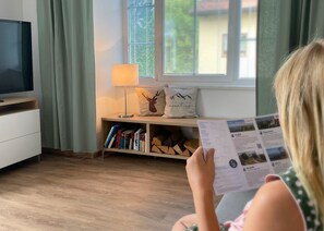 A room with a television, books, a lamp, and a window with curtains.