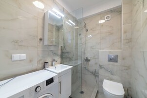 Un baño moderno con ducha envuelta en vidrio, un lavamanos blanco y un inodoro.