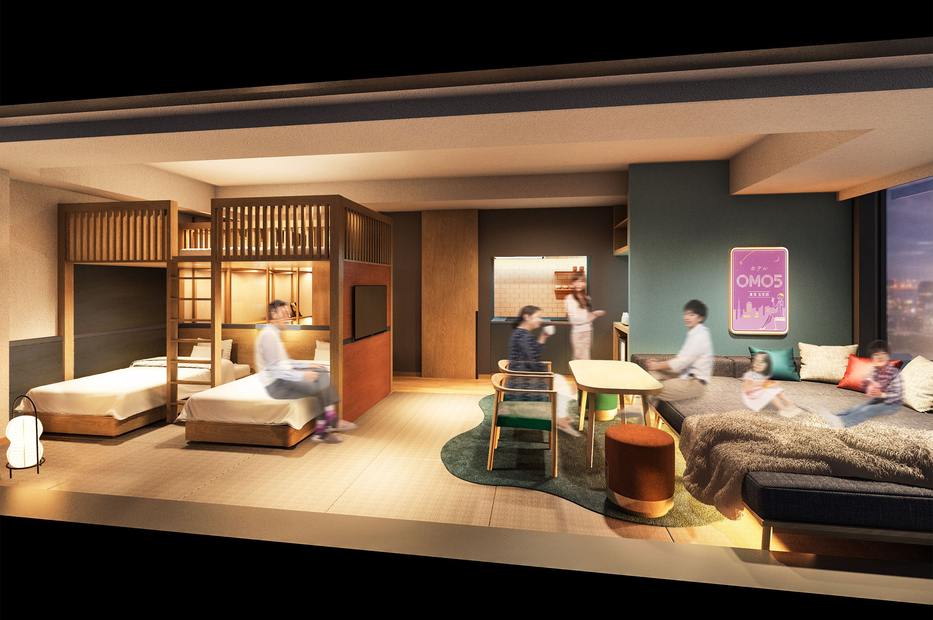 A modern hotel room with a sofa, a dining table, a small kitchen area, and a view of the city.