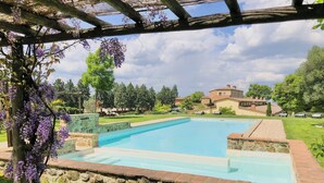 A rectangular swimming pool with stone borders, surrounded by a grassy area and trees. - Luxury resort in the Tuscan countryside (Trequanda)