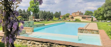 Seasonal outdoor pool, pool umbrellas, pool loungers