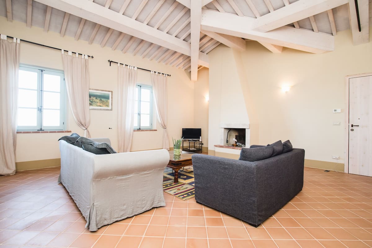 A spacious living room with a high ceiling, two sofas, a fireplace, and a television.