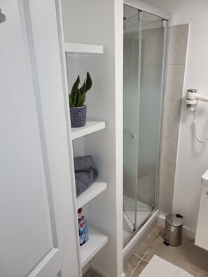 Hair dryer, towels, soap, shampoo