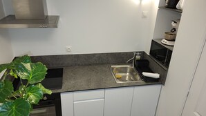 A compact kitchen with a stainless steel sink, a built-in oven, and a small countertop. - Duplex Hyper Centre-ville (Quimper)