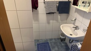 Une salle de bain avec un lavabo blanc, un miroir et un tapis bleu sur le sol.