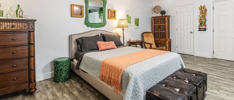 1 bedroom, desk, iron/ironing board, travel crib