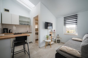 Un espace de vie compact comprenant un coin cuisine, un coin repas, un lit et un téléviseur fixé au mur.