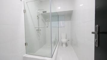 Shower, towels, soap, toilet paper