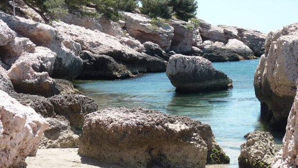 Platja rocosa amb aigua cristal·lina i un gran roder al primer pla.