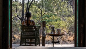 A person seated in a wicker chair facing a table with a kettle and a pot, set against a backdrop of trees. - Mashatu Tent Camp - Mashatu Game Reserve (Lentswelemoriti)