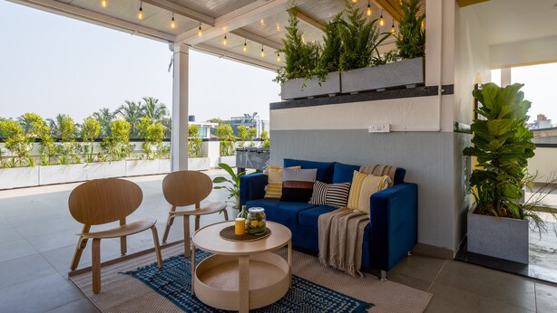 A modern living room with a blue sofa, wooden chairs, a coffee table, and potted plants. - Olive Hotel JP Nagar by Embassy Group (Bengaluru)