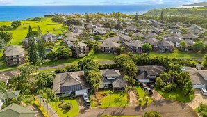 A residential area with houses, a golf course, and a view of the ocean.