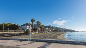 Una playa con un camino de piedra, palmeras y un puente.