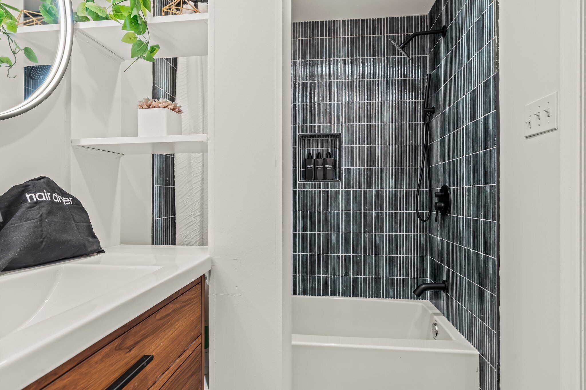 Eco-friendly toiletries, hair dryer, towels, soap