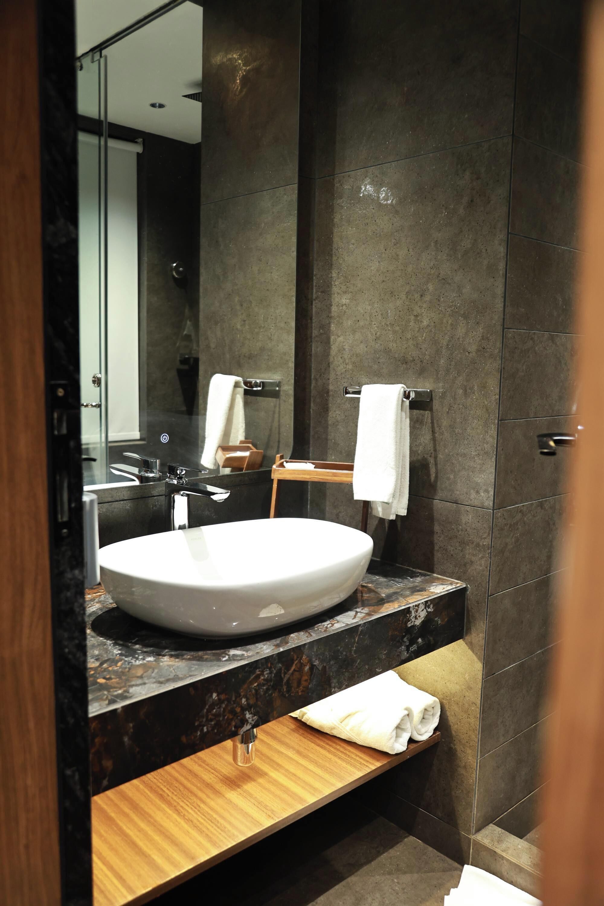 A modern bathroom with a large sink, a mirror, and a towel rack.