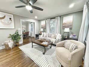 TV, fireplace, books