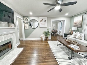 TV, fireplace, books