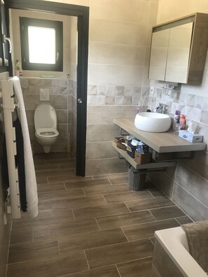 Shower, towels, soap, toilet paper