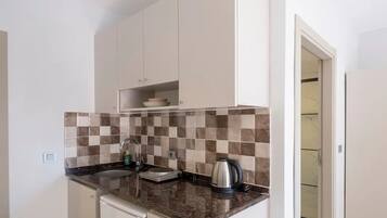 Deluxe Suite | Private kitchen | Fridge, stovetop, griddle, cookware/dishes/utensils