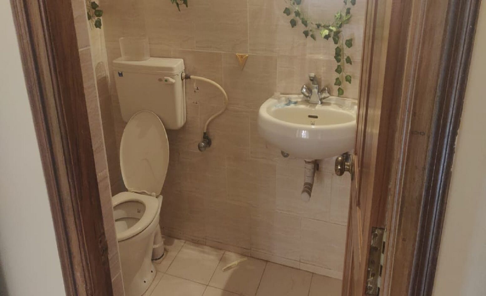 A small bathroom with a toilet, sink, and shower.