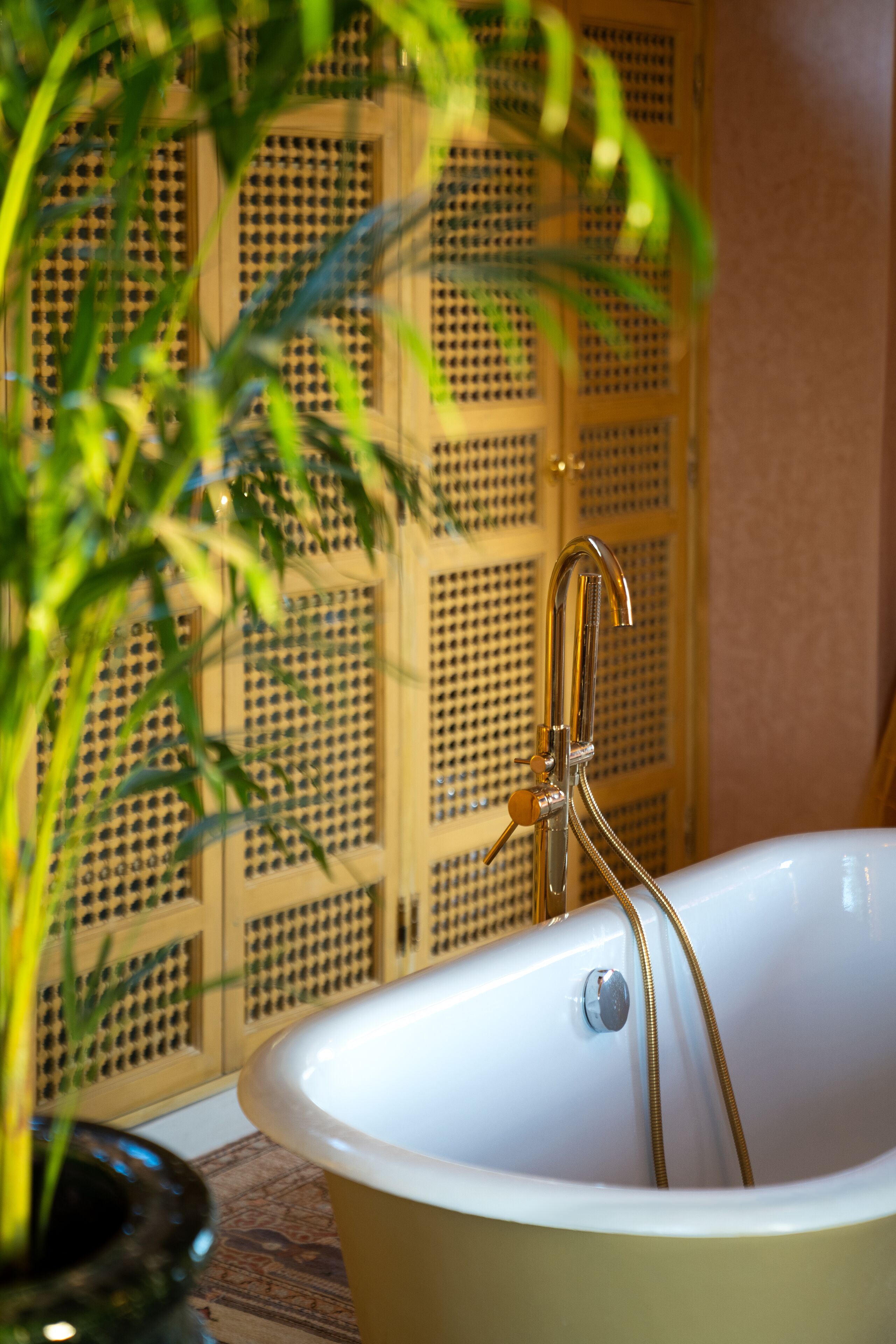 Una bañera con un cabezal de ducha y una planta al frente.