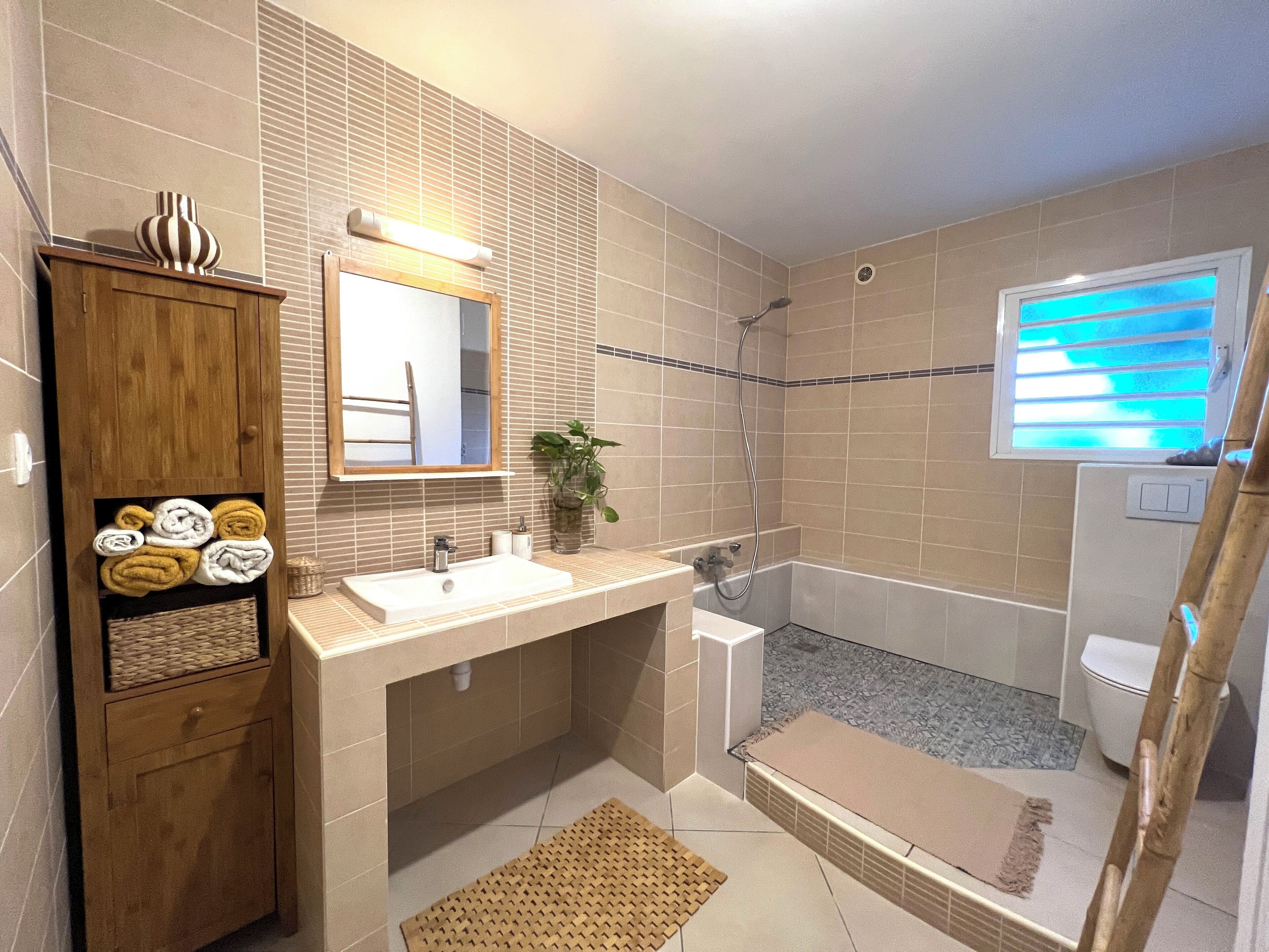 A modern bathroom with a wooden cabinet, a mirror, a sink, a shower, and a toilet.