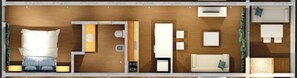 A hotel room layout with a bed, a desk, a chair, a sofa, and a small table. - THE BEACH La Paloma  (La Paloma)