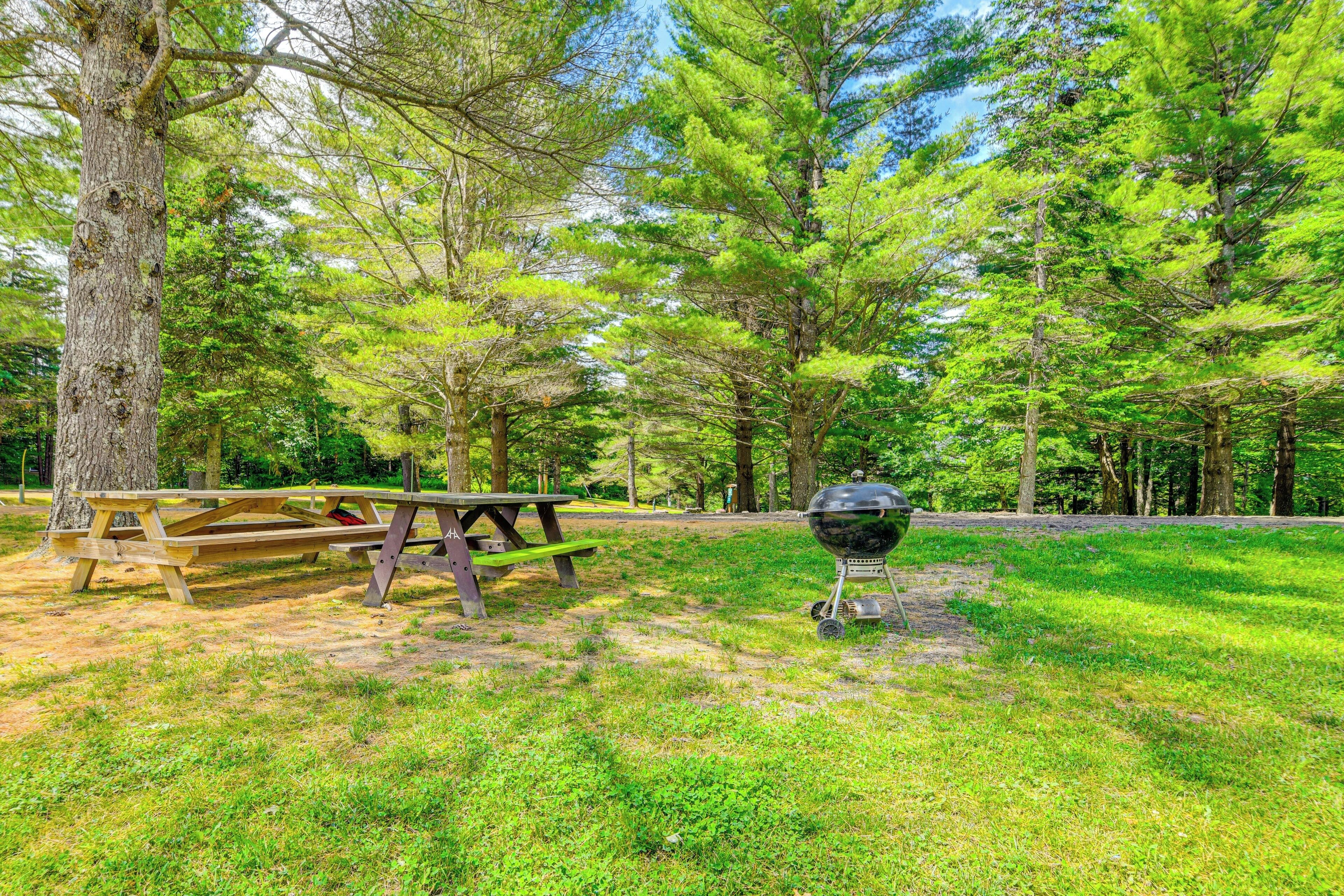 A picnic area with a wooden table and a barbecue grill.