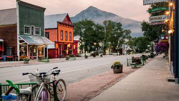 A street view with buildings, a bicycle, and a mountain in the background.