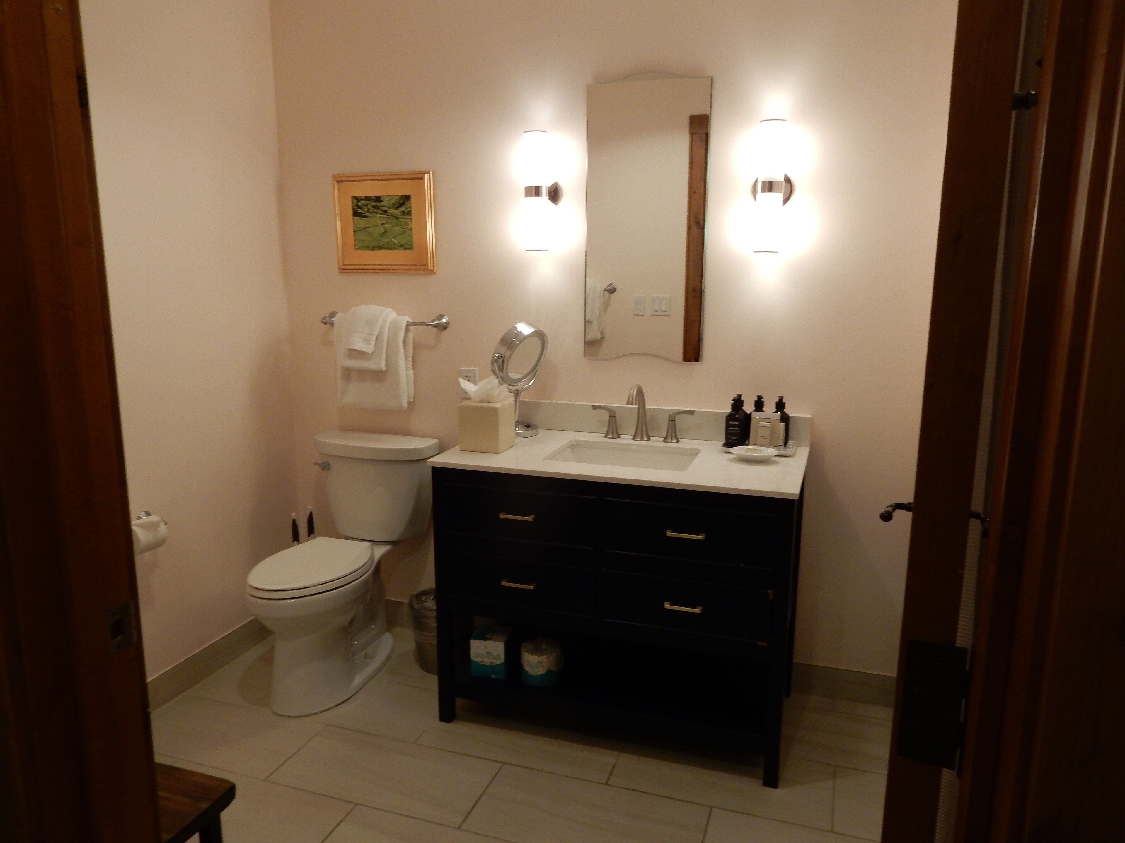 A bathroom with a toilet, sink, and vanity.