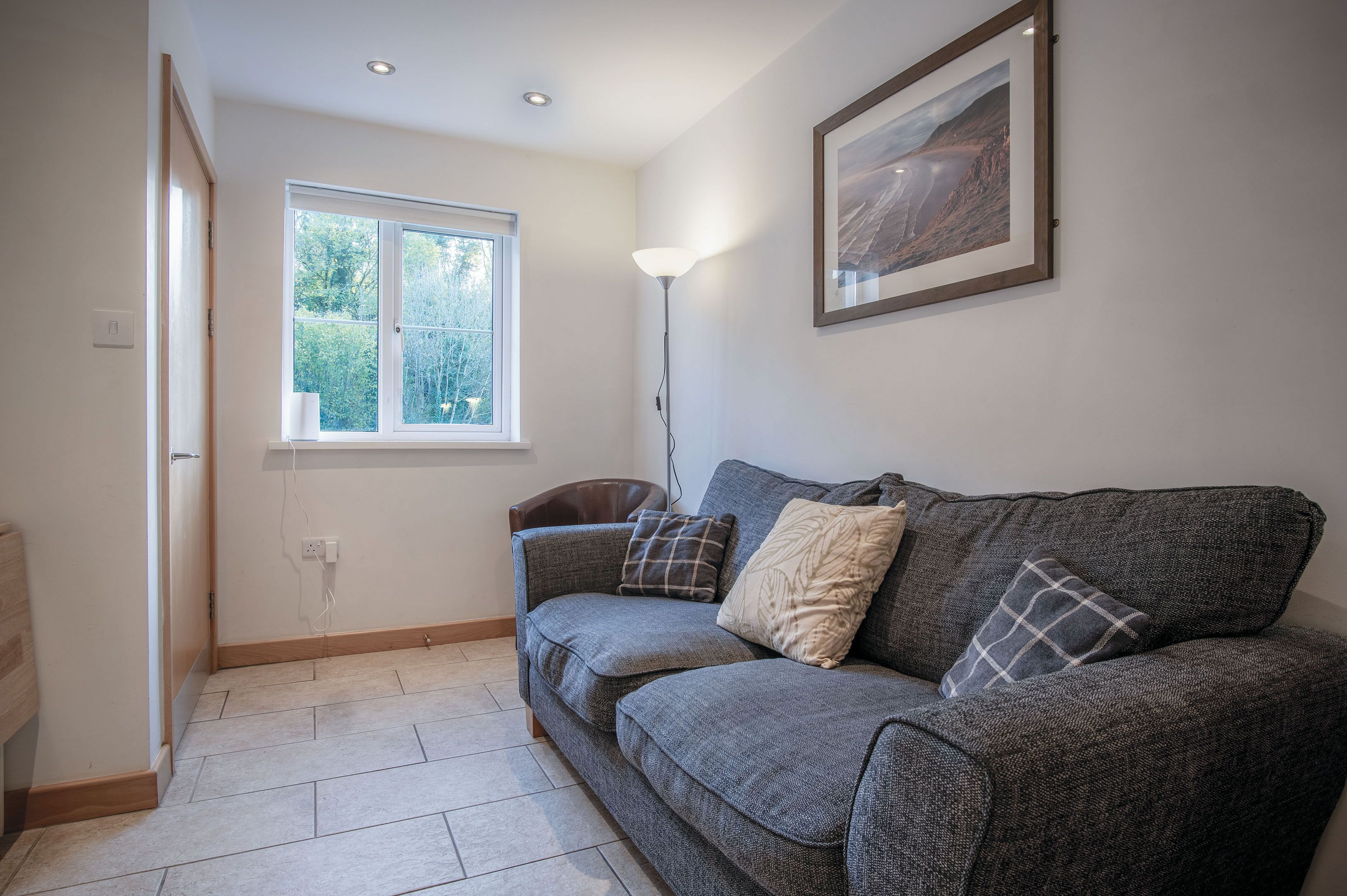 A living room with a grey sofa, a standing lamp, a framed picture on the wall, and a window with a view of greenery.