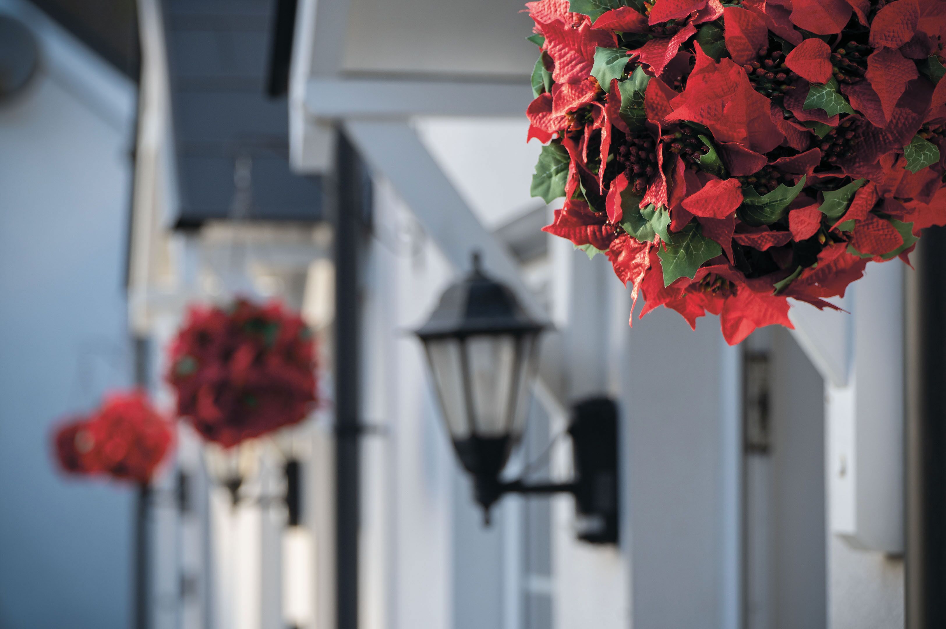 A street with buildings and hanging red decorations.
