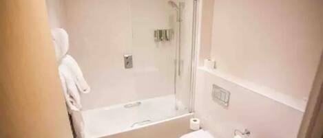 Hair dryer, towels, soap, toilet paper