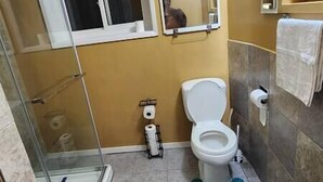 A bathroom with a toilet, a shower, and a window. - Chesskings Guest House - Unit 2 Notredame Avenue (Winnipeg)