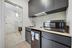Fridge, microwave, toaster, cookware/dishes/utensils