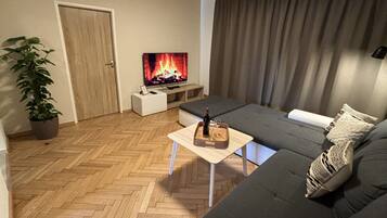 A modern living room with a sofa, a coffee table, a TV, and a potted plant.