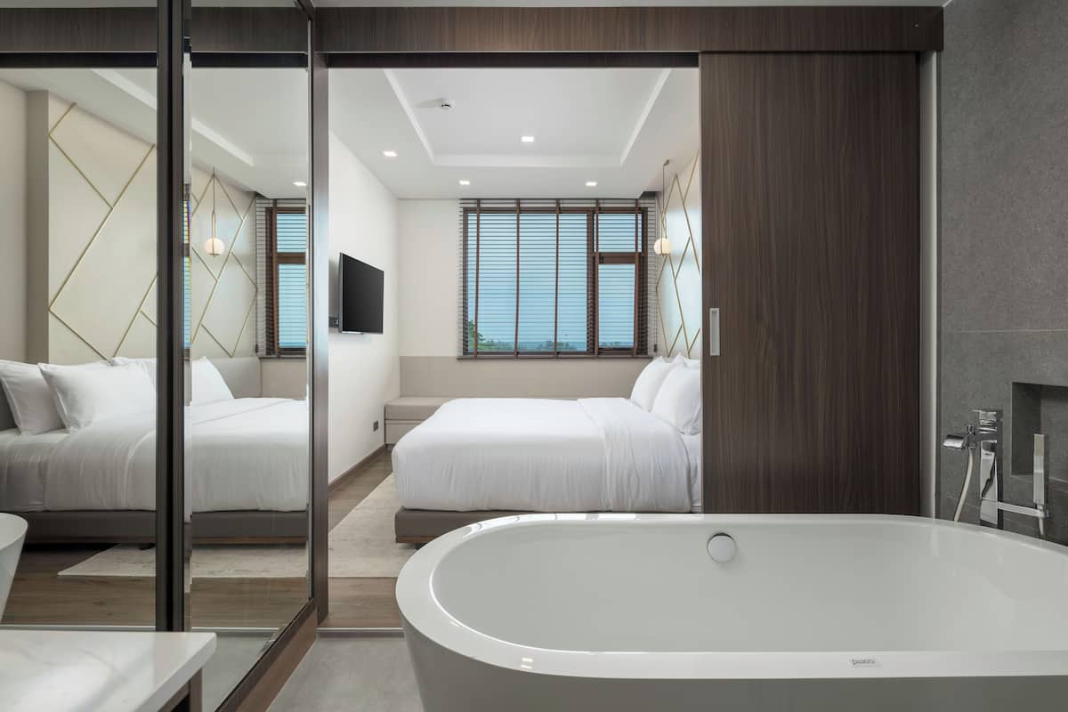 Hair dryer, bathrobes, slippers, towels