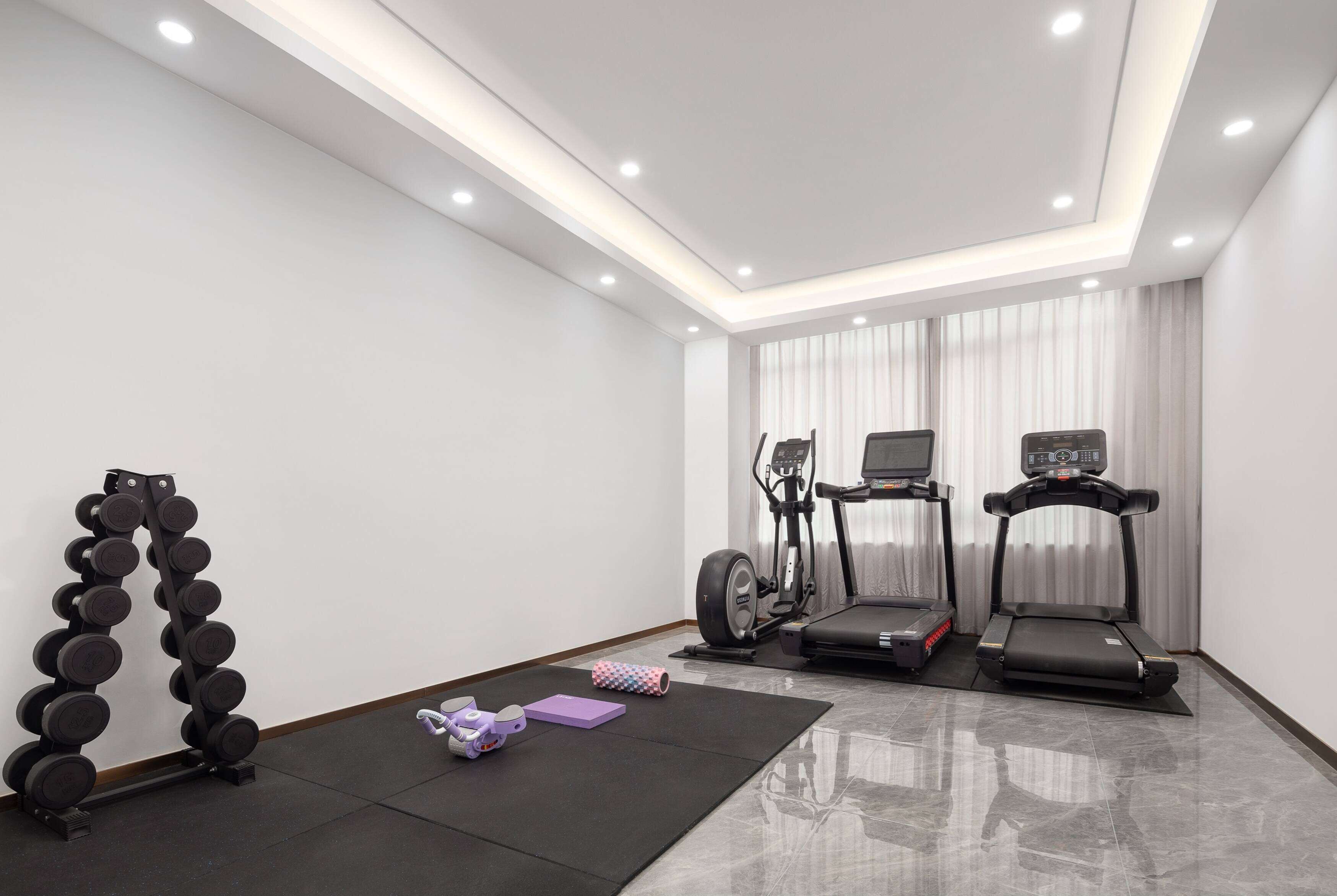 A modern home gym with a treadmill, elliptical, and dumbbells.